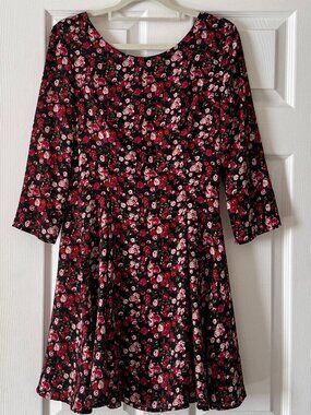 Bershka Black Red Rose Floral Fit & Flare Mini Dress 3/4 Sleeve